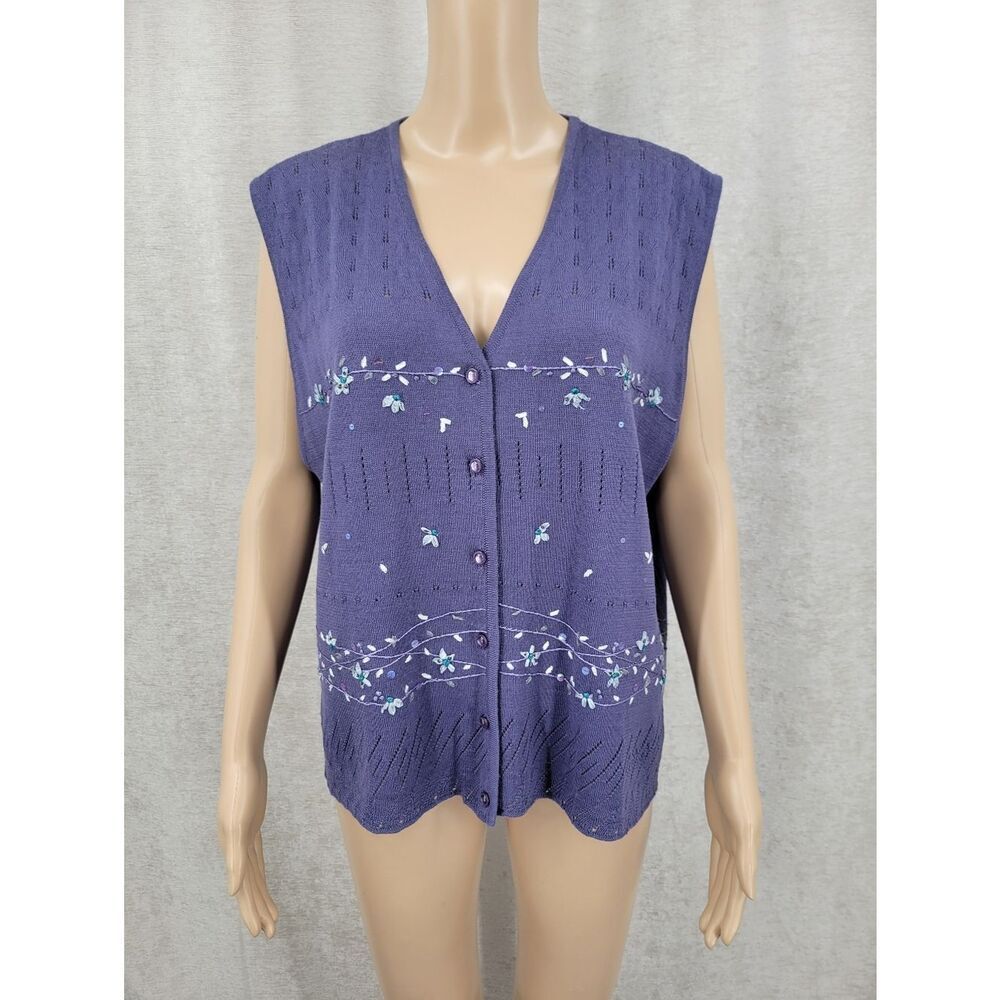 Koret Wool Blend Purple Sleeveless Button Front Pointelle Knit Sweater Vest